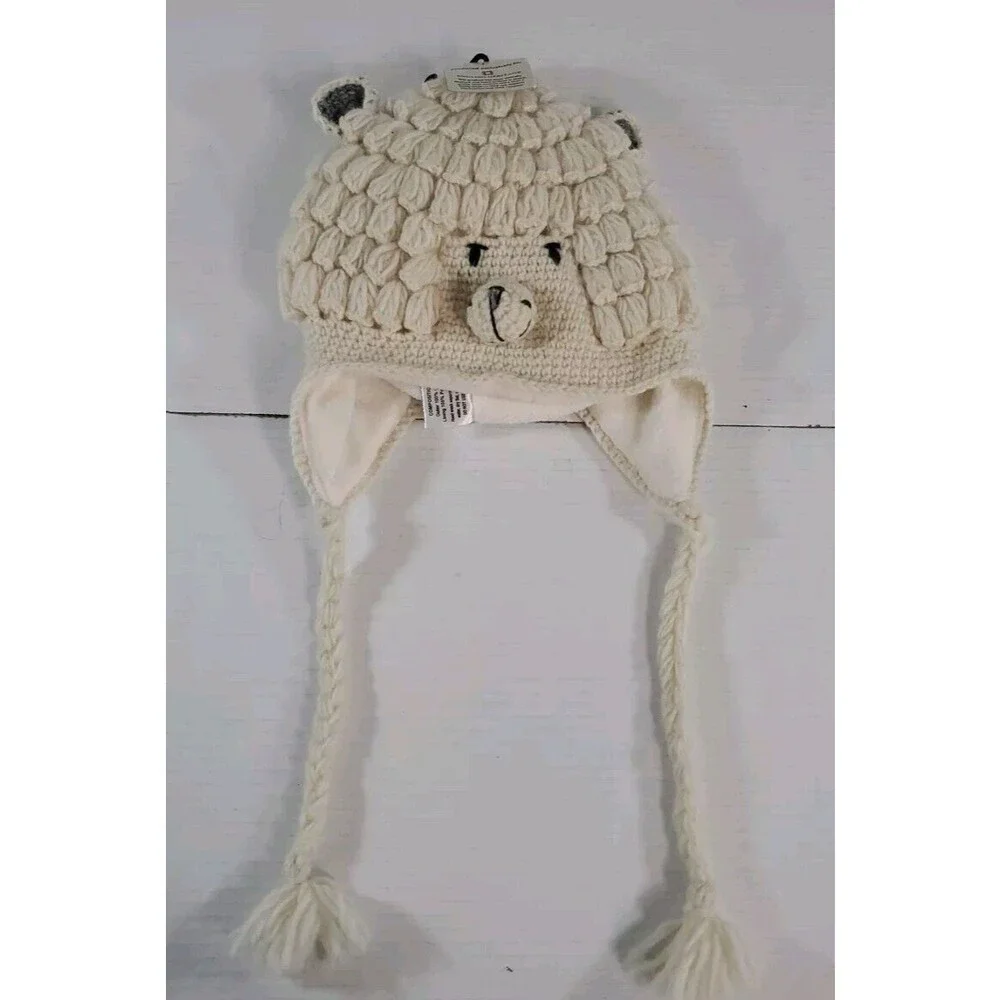 English Heritage Knit Wool Beanie Hat Alpaca Llama Ear Flap Chin Tie‎ Lined Tags